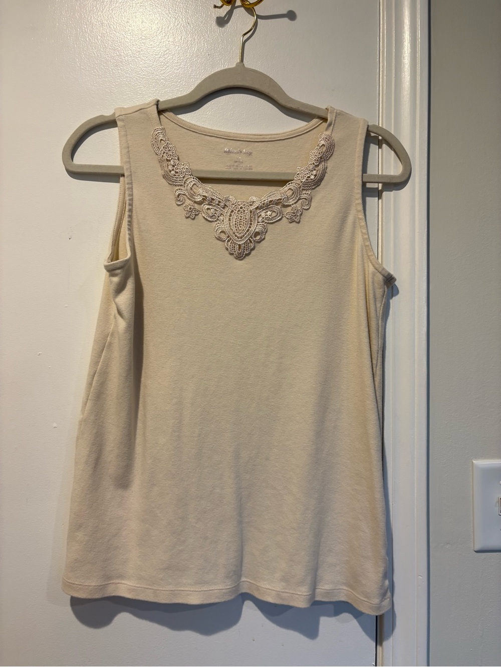Fairy, Feminine White Stag Cream 100% Cotton Lace-Accent Tank Top